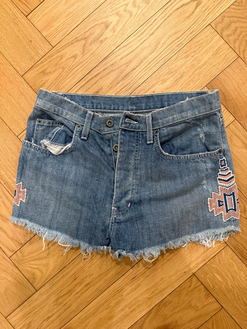 Carmar Blue Denim Frayed Hem Shorts with Side Embroidery